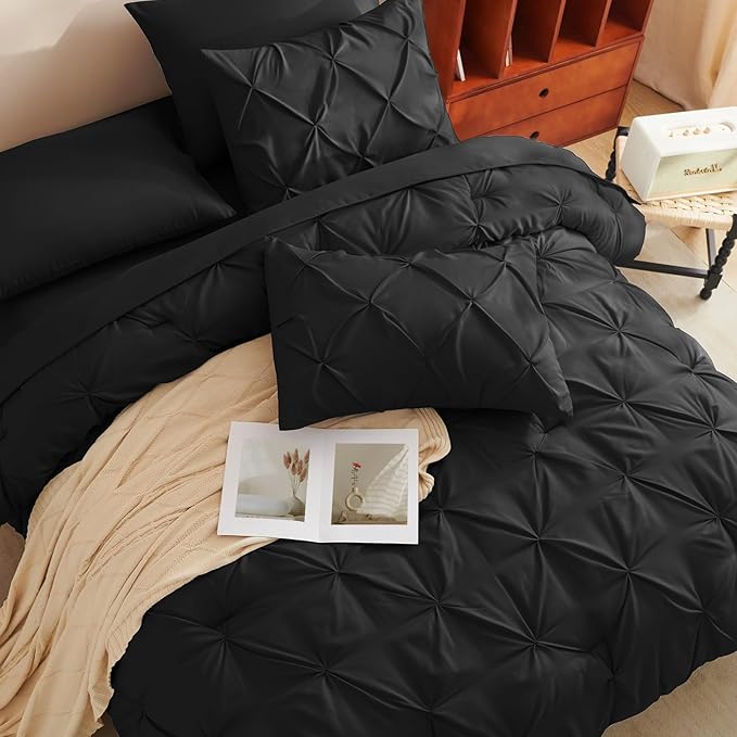 CozyLux Queen Comforter Set Black, 7 Pieces Pintuck Bed in A Bag, Premium Black Comforter Queen Size, Pinch Pleat Bedding Sets with Comforter, Sheets, Pillowcases & Shams