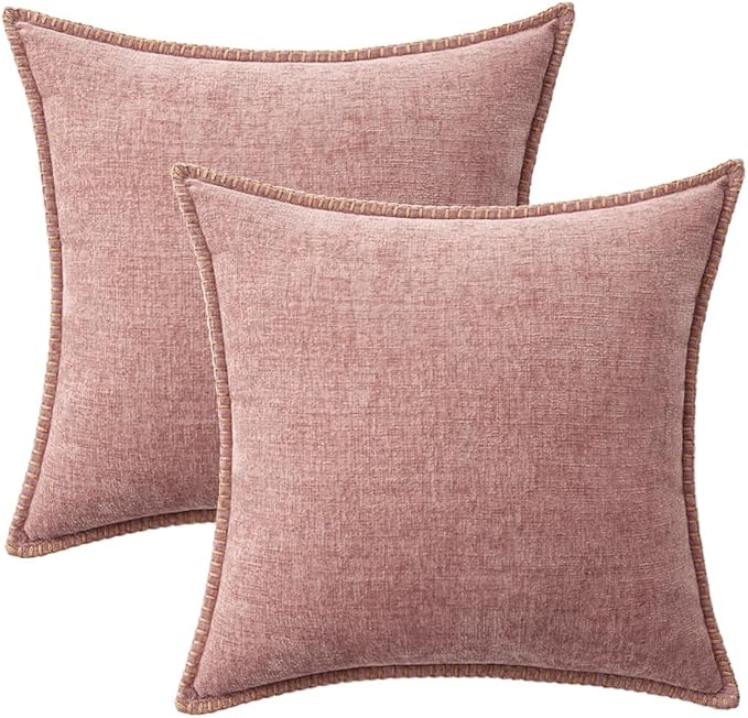 MIULEE Pack of 2 Valentines Couch Throw Pillow Covers 18x18 Inch Blush Pink Farmhouse Decorative Pillow Covers with Stitched Edge Soft Chenille Solid Dyed Spring Pillow Covers for Sofa Bed Living Room