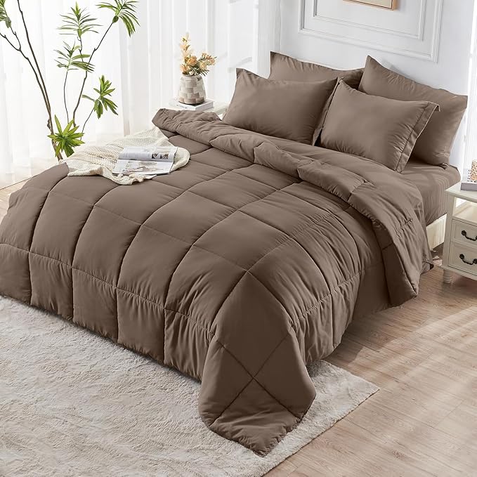 JOLLYVOGUE Full Comforter Set, Ultra-Soft Bed in a Bag Full Size 7 Pieces, Oeko-TEX Certified Bedding Set with Down Alternative Comforter, Sheets, Pillowcases & Shams, Brown