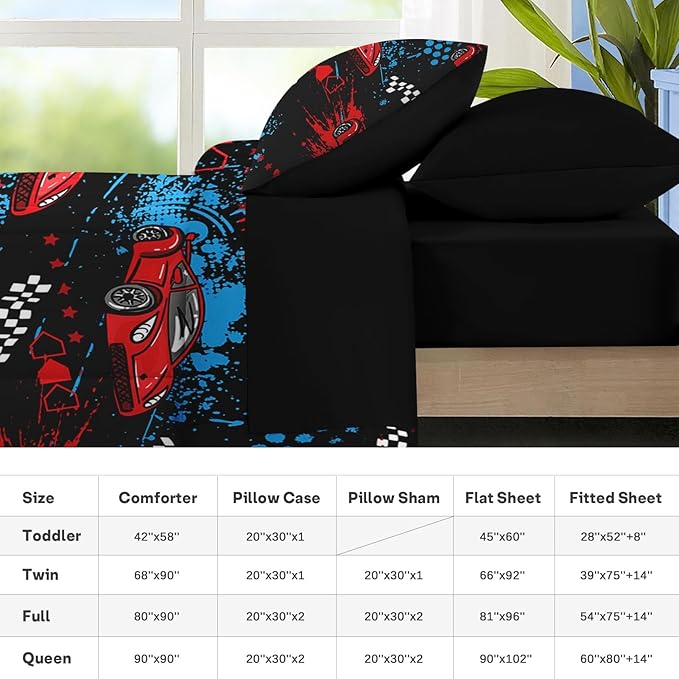 Nesker 5 Pcs Comforter Set Twin Size, Red Black Sports Car Bedding for Kids Teen, Auto Race Bed Sheet with Pillowcase & Sham