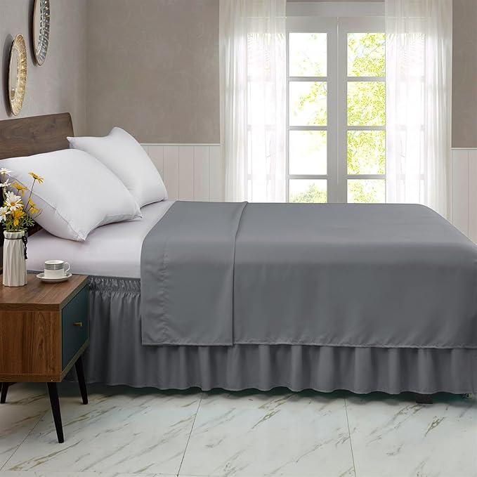 FreshCulture Elastic Wrap Around Bed Skirt, Queen Size, Easy Fit with 15-Inch Tailored Drop, Hotel Quality Dust Ruffle (Dark Grey)