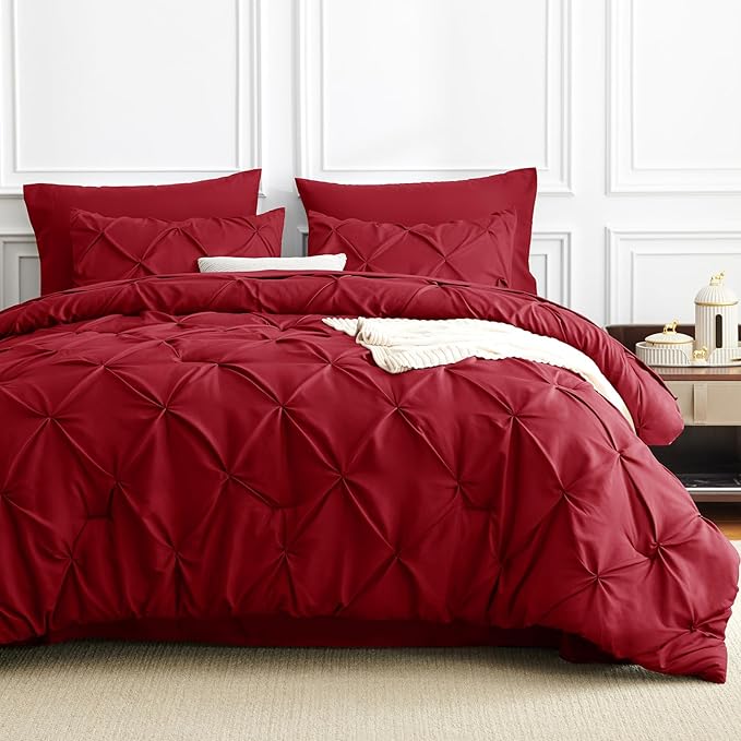 Queen Comforter Set Dark Red, 7 Pieces Pintuck Bed in A Bag Queen Size Bedding, Soft Bed Set All Season Pinch Pleat Comforter Set with Sheets, Pillowcases & Shams