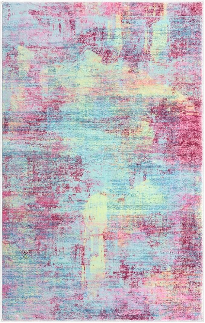 IOHOUZE Abstract Area Rugs 9x12 Ft Washable Large Rugs for Living Room, Non Slip Dining Room Rug, Printed Faux Wool Rugs for Bedroom, Floor Carpet for Office Nursery Playroom, Pink Teal