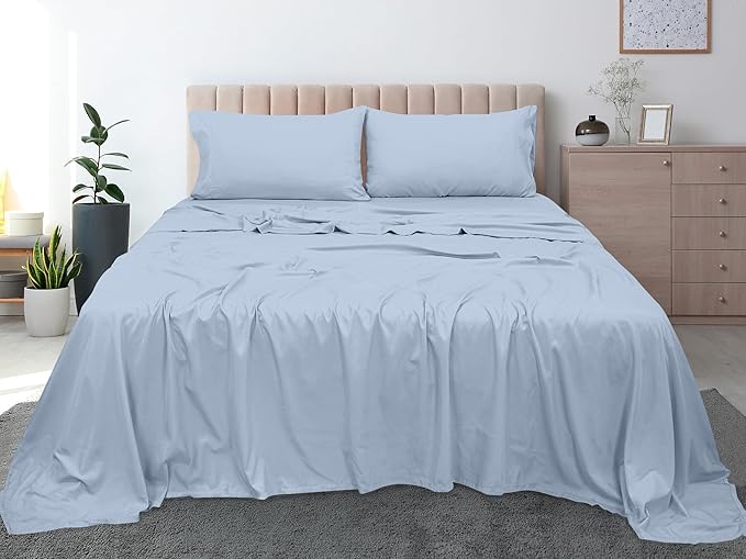 Royale Linens 300 Thread Count 100% Long Staple Combed Cotton Flat Sheet - Super Soft - Top Sheets - Full Flat Sheet Sold Separately- Breathable, Cool & Crisp Percale Sheets Only (Twin XL Lake Blue)