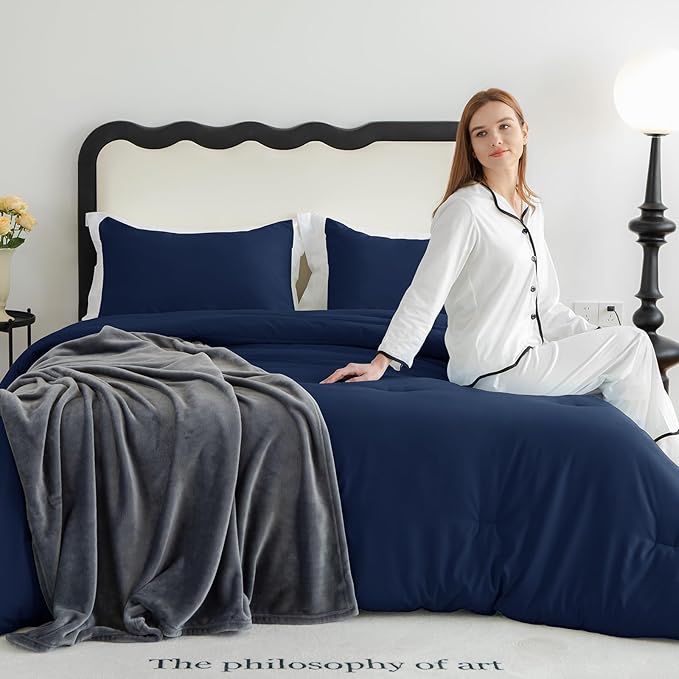 CozyLux Navy Blue Queen Comforter Set, 3 Pieces Solid Breathable Quilted Style Bedding Sets, Luxury Fluffy Soft Bed Set with Down Alternative Comforter for All Season (1 Comforter & 2 Pillowcases)