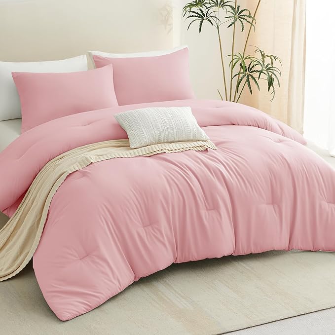 CozyLux King Size Comforter Set Pink, 3 Pieces Solid Comforters King Size Breathable Quilted Bedding Sets, Luxury Soft Bed Set with Down Alternative Comforter All Season (1 Comforter & 2 Pillowcases)