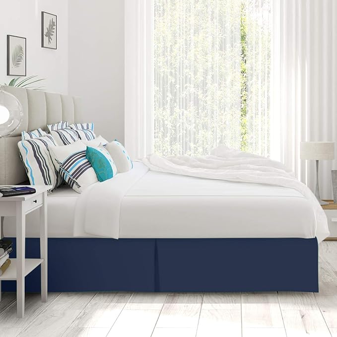 Bed Skirt - 25 Inch Fall Tailored Drop Pleated Dust Ruffle, 100% Egyptian Cotton - Solid Pattern and Color { Olympic Queen , Solid , Navy Blue}