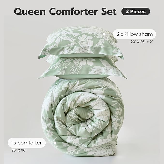 Joiedomi Queen Comforter Set Sage Green, 3 Pieces Floral Queen Bedding Set with 1 Soft Reversible Botanical Flower Comforter and 2 Pillow Shams, Bed in a Bag for All Seasons