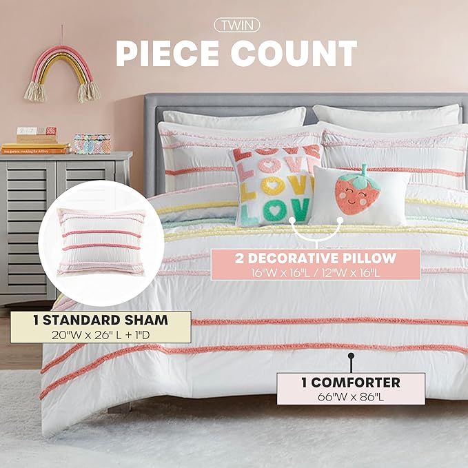 Intelligent Design Kids Twin Comforter Set, Cotton Comforter Set, Casual Fun Colors Chenille Stripes, All Seasons Fluffy Comforter Bed Set, 1 Sham, 2 Decor Pillows, Haisley, Twin, Pink Multi 4 Piece
