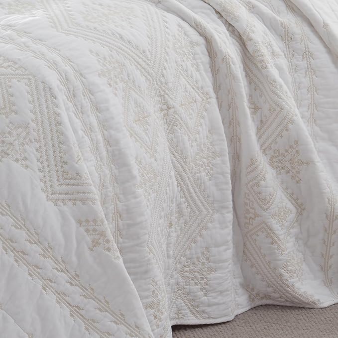 LEAONME 100% Cotton 3-Piece Quilt Set White Full Queen Size Lightweight Bedspread Coverlet 90''x98'' Soft Luxurious Embroidered Bedding Set for All Seasons (1 Quilt, 2 Pillow Shams)