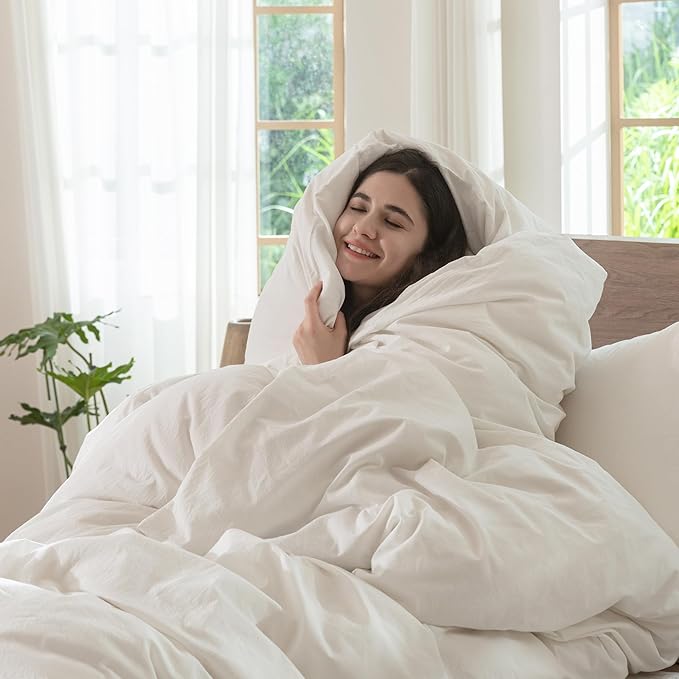 MooMee Bedding Duvet Cover Set 100% Washed Cotton Linen Like Textured Breathable Durable Soft Comfy (Solid Off White, Oversized King Plus 128"x120")