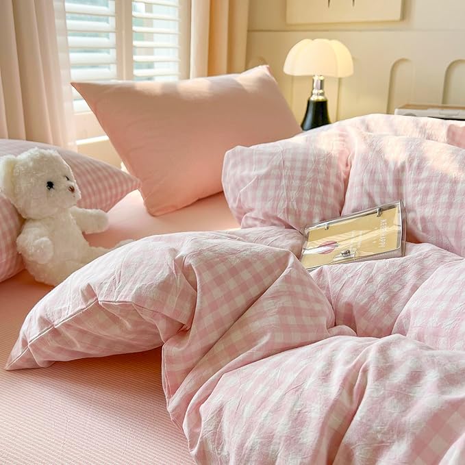 VM VOUGEMARKET Cute Pink Gingham Duvet Cover Set for Girls, Soft Washed Cotton Bedding Set with Pillowcases, Aesthetic Plaid Comforter Cover for Teen Girls, Students, Bedroom Dorm Decor, Queen Size