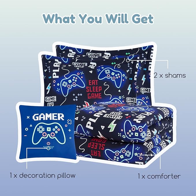 Full Size Comforter Set for Boys-4 Pieces Gamer Glow in The Dark Full Bedding Sets for Kids, 1 Comforter, 2 Shams and 1 Decor Pillow