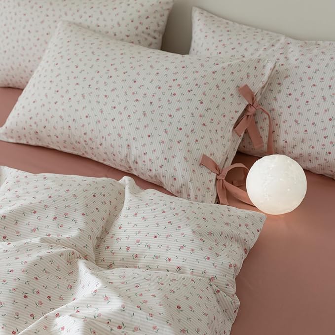 Floral Duvet Cover Queen Size Cotton Boho Fresh Garden Floral Coquette Comforter Cover with 2 Bowknot Bow Tie Pillowcases,3 Piece Botanical Flower Bedding Duvet Cover Set,Soft & Breathable Bedding Set