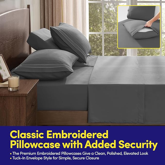 Split Head King Sheets Set for Adjustable Beds 4 Piece Flex Top Bed Sheets โ Deep Pocket Split Top Fitted Sheet with Built-in Corner Straps, Luxury Soft Cooling Bedding, Wrinkle Resistant, Gray