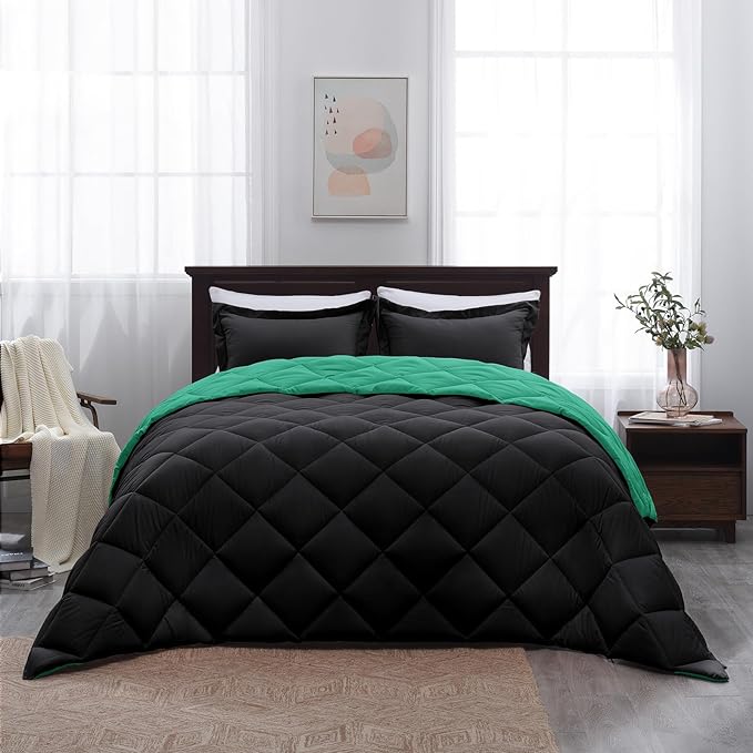 Basic Beyond Twin Comforter Set - Green Comforter Set Twin, Reversible Twin Bed Comforter Sets for All Seasons, Black/Mint Leaf, 1 Comforter (66"x92") and 1 Pillow Sham (20"x26"+2")