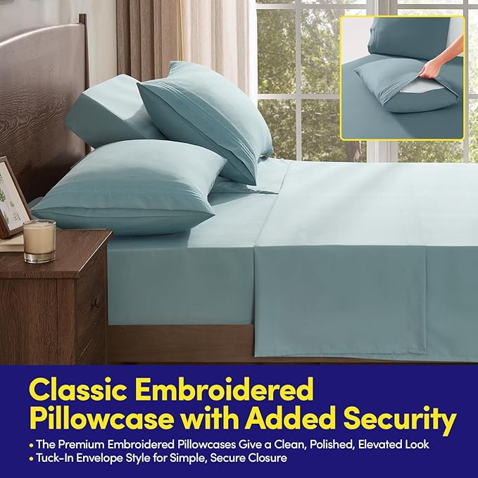 Split Head King Sheets Set for Adjustable Beds 4 Piece Flex Top Bed Sheets โ Deep Pocket Split Top Fitted Sheet with Built-in Corner Straps, Luxury Soft Cooling Bedding, Wrinkle Resistant, Misty Blue