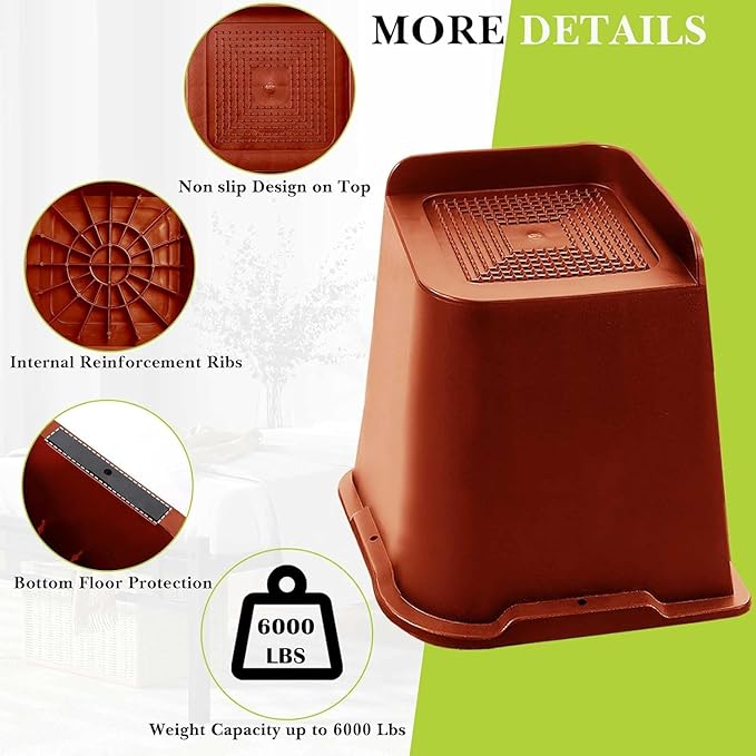 Bed Risers 1 inch, 2 inch, 3 inch, 4 inch, 6 inch, 8 inch Heavy Duty, Oversized Furniture Riser for Couch Sofa Table Chair Leg Frame Dorm, Support up to 6000 Lbs (Brown 6 Pack, 6 inch)
