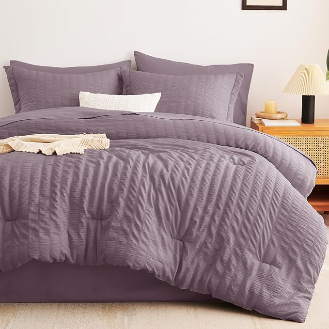 CozyLux Twin Comforter Set with Sheets 5 Pieces, Dusty Purple Seersucker Textured Bed in a Bag, Luxury Soft Bedding Set with Down Alternative Comforter, Sheets, Pillowcases & Shams for All Seasons