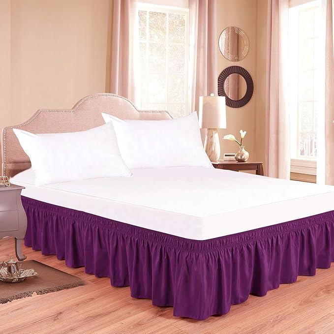 Bed Skirt - Wrap Around Bed Skirts Elastic Dust Ruffles, Easy Fit Wrinkle and Fade Resistant Luxurious Fabric Solid Color, Purple Full XXL Size Beds 15 Inch Drop
