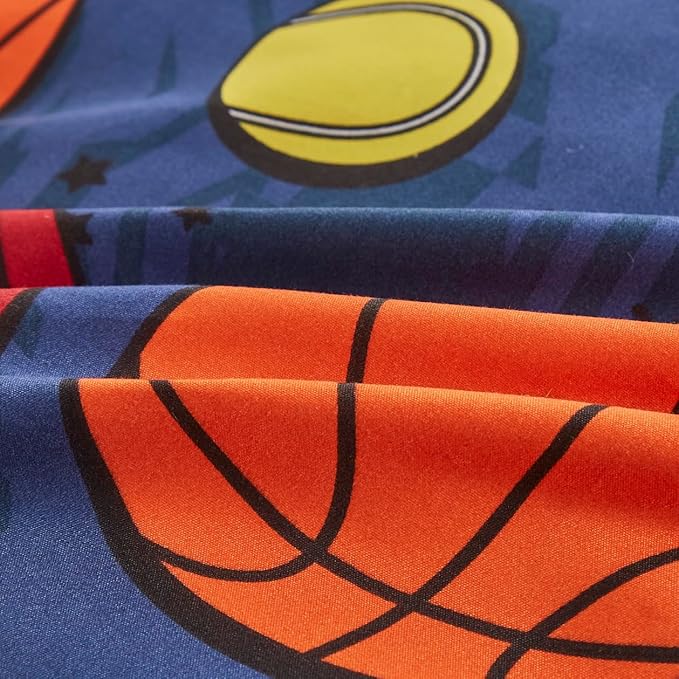 Chezmoi Collection 3-Piece Kids Sports Balls Bedding Comforter Set Twin Size - Soft Microfiber Navy Blue Gray Orange White Printed Football Soccer Basketball Baseball Tennis Sports for Kids/Teens