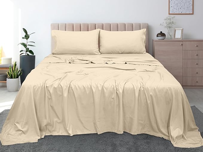 Royale Linens 300 Thread Count 100% Long Staple Combed Cotton Flat Sheet - Super Soft - Top Sheets - Queen Flat Sheet Sold Separately - Breathable, Cool & Crisp Percale Sheets Only (Queen, Cream)