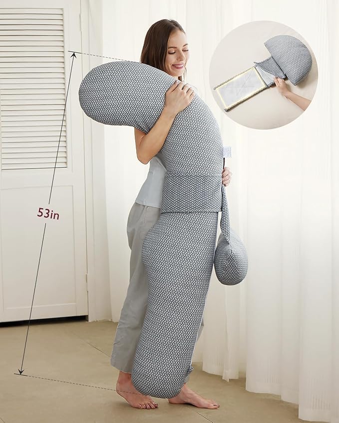 Momcozy Pregnancy Pillow, Original F Shaped Maternity Pillow for Pregnant Women with Adjustable Wedge Pillow, Full Body Support Pregnancy Pillows for Side Sleeping with Air Layer Cover, Grey