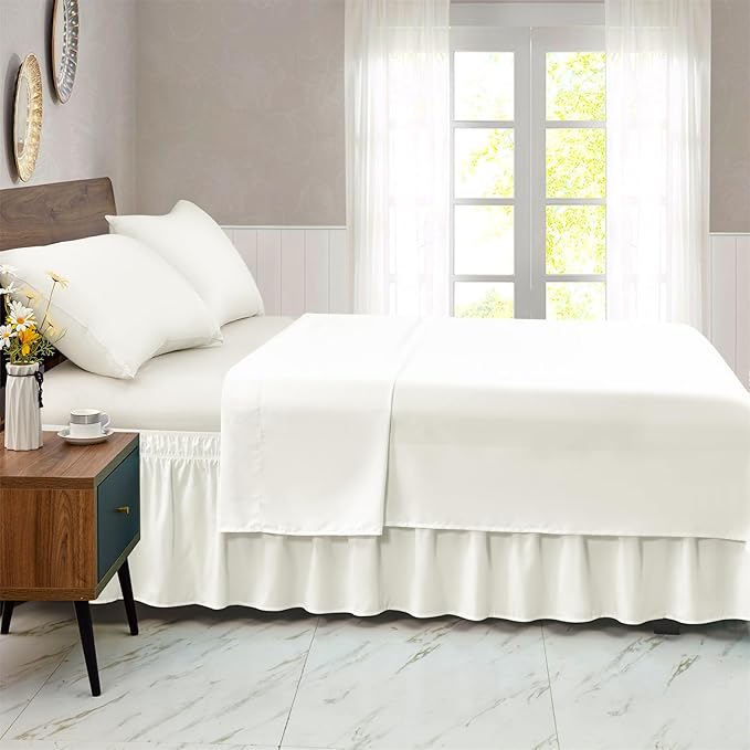 FreshCulture Full Bed Skirt, Elastic Wrap Around Bed Skirt Full Bed, Easy Fit with 15-Inch Tailored Drop, Hotel Quality Dust Ruffle for Full Size Bed, Bed Skirt Full Size (Ivory)