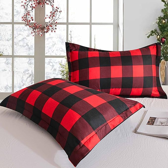 Nanko Merry Christmas Queen Size Duvet Cover, Red and Black Grid Plaid Buffalo Check Pattern Print Microfiber Comforter Cover Set, New Year Modern Bedding Sets for Women Men, 3Pcs 90x 90 in