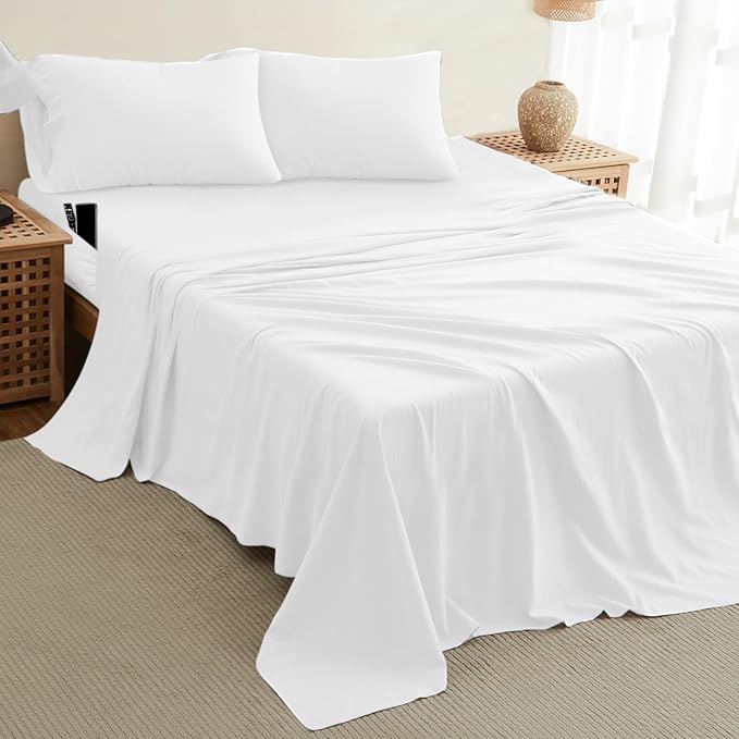 DREAMCARE California King Sheet Sets - Cooling Bed Sheets - 4pcs Set - up to 15" Deep Pocket Cal King Sheets - California King Sheets - Soft & Lasting 100% Brushed Polyester with Side Pocket - White