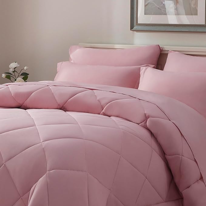 ELNIDO QUEEN® Queen Comforter Set - 7 Pieces Bed in a Bag Queen Size, Bed Set for All Seasons, Blush Pink Ultra Soft Bedding Sets with Comforter, Flat Sheet, Fitted Sheet, Pillowcases and Pillow Shams