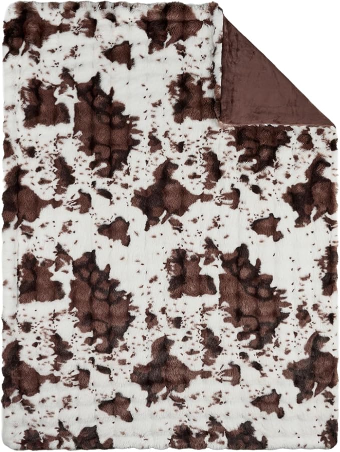 Lotus Karen Faux Fur Throw Blanket Cow Print-Dark Brown, Fluffy Fuzzy Plush Bubble Blanket for Couch, 60x50 Inches Cozy Shaggy Rabbit Blanket, Luxury Decorative Gifts for Sofa Bedroom Living Room.