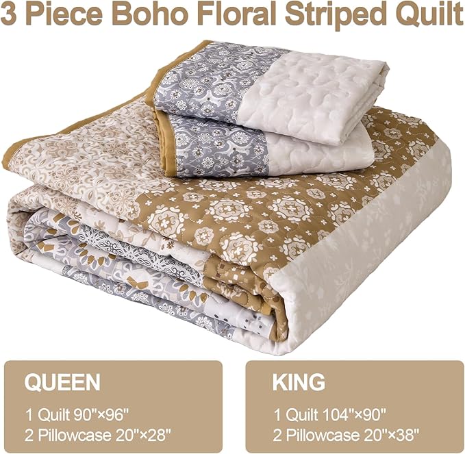 WONGS BEDDING Boho Quilt Set Queen, Brown Bohemian Striped Patchwork Bedspread Coverlet Set with 2 Pillowcases,Lightweight Microfiber Floral Bedding Set 96"×90"