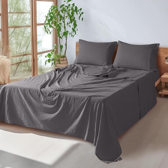 SONORO KATE 100% French Pure Linen Sheets, Breathable and Durable Linen Sheets, Anti-Tear Linen Bed Sheets, Machine Washable, 16 Inch Deep Pocket - 4 Piece (Dark Grey, California King)