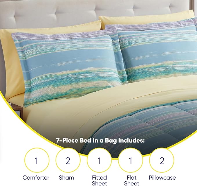 Sweet Home Collection 7 Piece Comforter Set Bag Solid Color All Season Soft Down Alternative Blanket & Luxurious Microfiber Bed Sheets, Sorento, Queen
