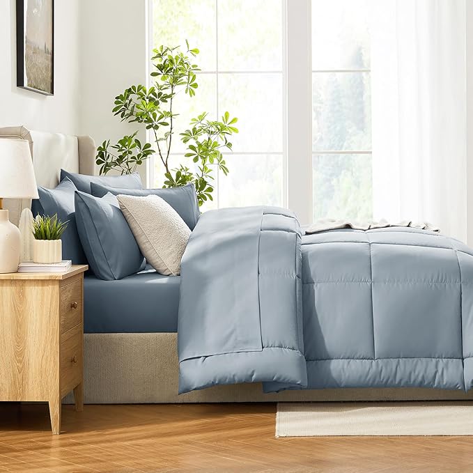 CozyLux Oversized Queen Comforter Sets Dusty Blue, 7 Pieces Bed in a Bag, Ultra-Soft All Season Bedding Sets with Stitch Quilted Comforter, Flat Sheet, Fitted Sheet, Pillowcases, Grayish Blue