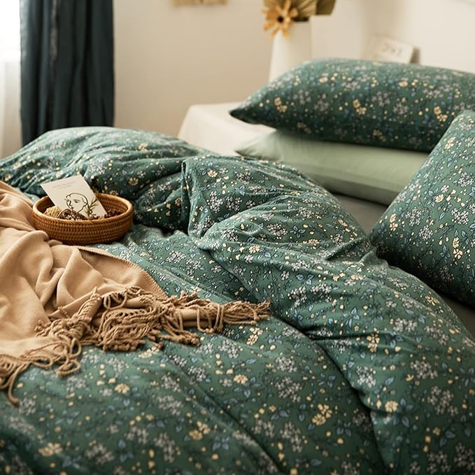 HighBuy Jersey Knit Cotton Duvet Cover Twin XL Green Floral Bedding Set 100% T-Shirt Comfy Bedding Sets Super Soft Garden Chic Knit Cotton Comforter Cover Twin XL Size