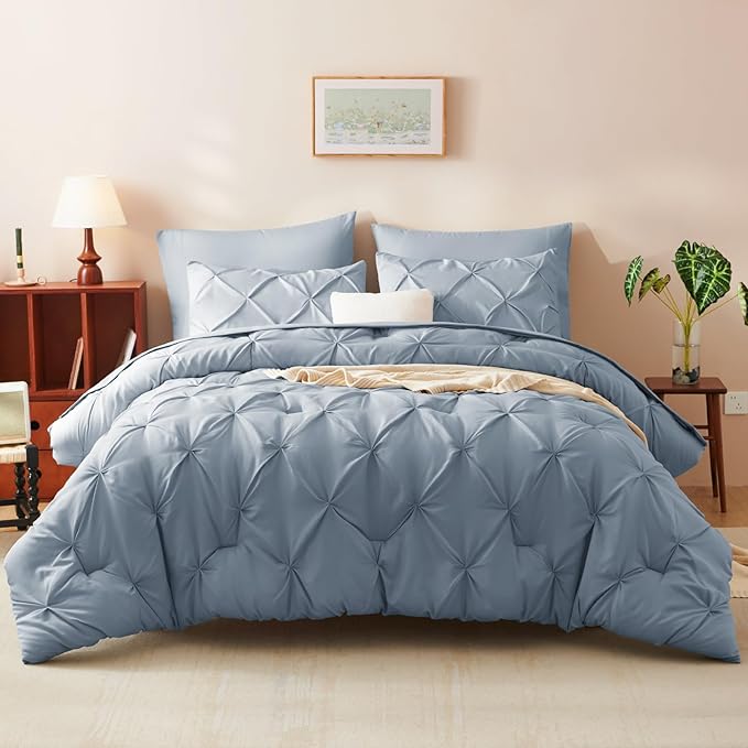 California King Comforter Set Grayish Blue, 7 Pieces Pintuck Bed in A Bag Cal King Size Bedding, Soft Bed Set All Season Pinch Pleat Comforter Set with Sheets, Pillowcases & Shams