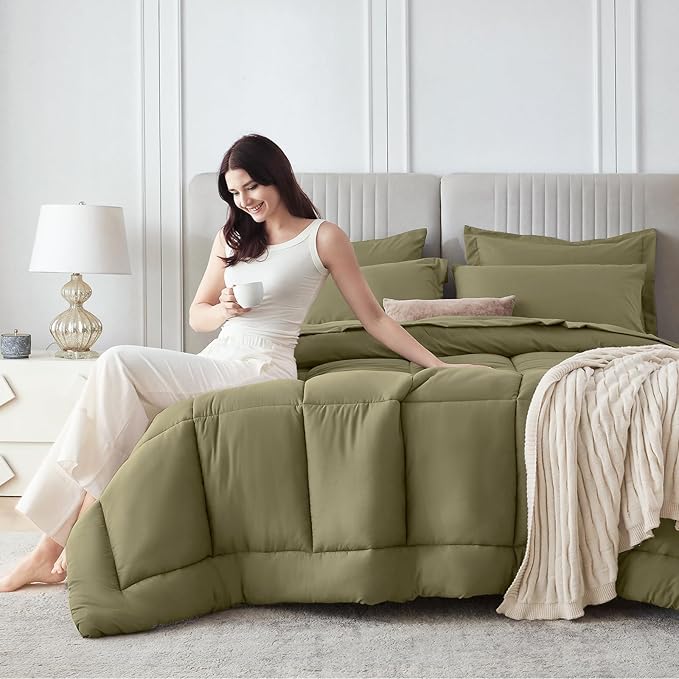 Sasttie Queen Comforter Set, 7 Pieces Bed in a Bag Queen, Complete Bedding Set Includes Comforter, Flat Sheet, Fitted Sheet, Pillowcases and Pillow Shams, Olive