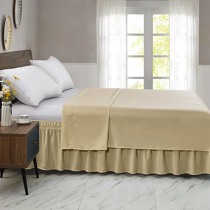 FreshCulture Full Bed Skirt, Elastic Wrap Around Bed Skirt Full Bed, Easy Fit with 22-Inch Tailored Drop, Hotel Quality Dust Ruffle for Full Size Bed, Bed Skirt Full Size (Beige)