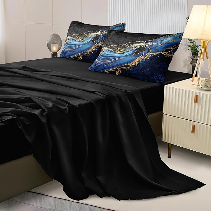 Blue and Gold Bedding Blue Marble Comforter Set 8 Pieces Queen Bed in a Bag with 1 Black Gold Comforter, 1Flat Sheet, 1 Fitted Sheet, 4 Pillowcases, 1 Marble Cushion Cover