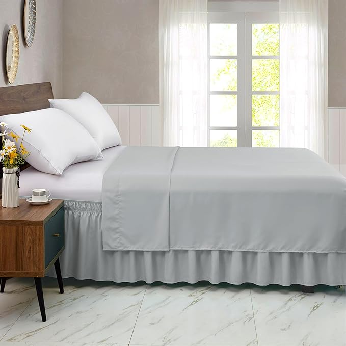 FreshCulture Elastic Wrap Around Bed Skirt - Easy Fit with 22-Inch Tailored Drop, Hotel Quality Dust Ruffle for Full Size Bed (Light Grey)