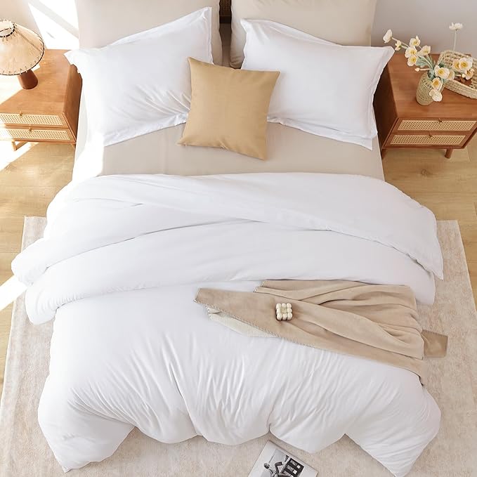 Whitney Home Textile White Duvet Cover Set Queen Size - 3 Piece Luxury Soft Cooling Duvet Cover with Zipper Closure and Pillow Sham, Breathable Washed Brushed Microfiber, Comforter Not Included
