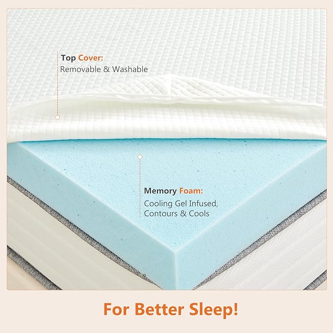 Sweetcrispy Memory Foam Mattress Topper Queen with Removable Soft Cover, 2 Inch Thick Gel Infused Cooling Toppers Pad for Queen Size Bed, Sleeper Sofa, RV, Camper, CertiPUR US Certified, Ventilated