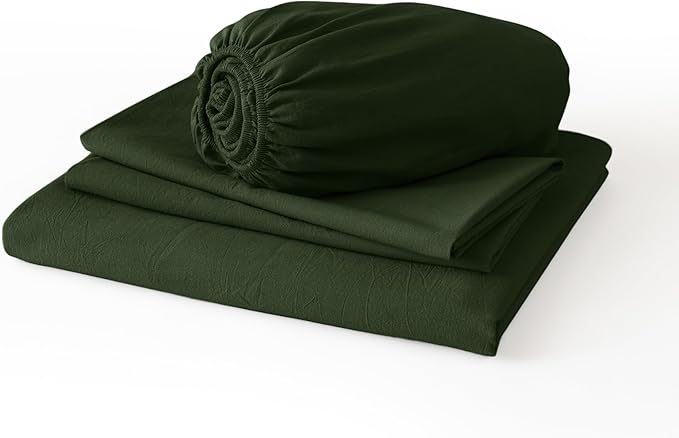 JIYUAN 100% Washed Cotton Sheet Set 4 Pieces King,1 Fitted Sheet,1 Flat Sheet and 2 Pillowcases,Comfy and Breathable Linen Like Bedding Set,Forest Green
