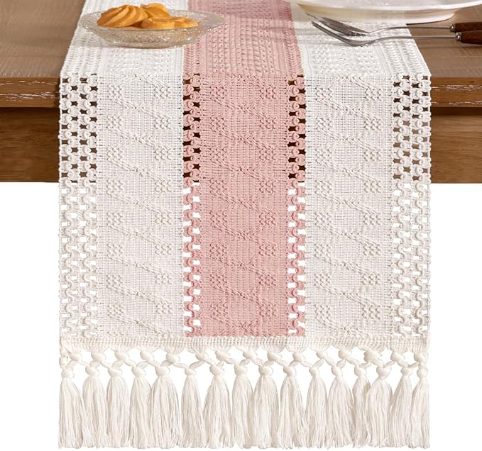 Socomi Boho Table Runner Macrame Long Valentine's Day Farmhouse Woven Cotton Linen Rustic Coffee Table Runner with Tassels for Dresser Scarf Home Decor Dining Room 12x108 inPink Ivory