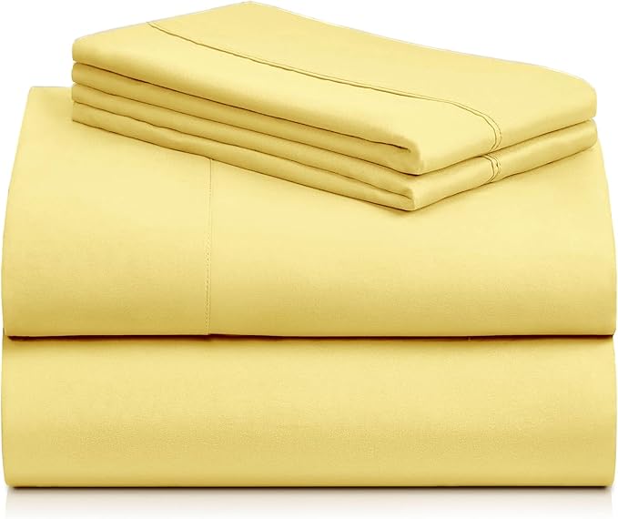 LuxClub 4 PC Sheet Set Bed Sheets Deep Pockets 16" Eco Friendly Wrinkle Free Cooling Machine Washable Hotel Bedding Silky Soft - Lemon Queen