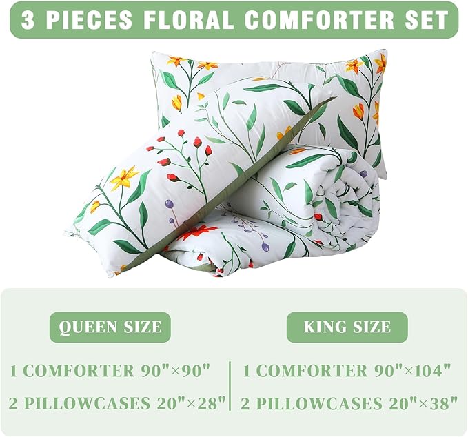 Queen Comforter Set Green 3 Pieces Bed in a Bag, Colorful Floral Bedding Sets Elegant Botanical Bed Set Lightweight Soft Comforter with 2 Pillowcases for All Season