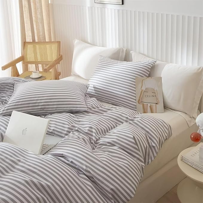 King Size Comforter Set 3 Pieces Striped Comforter Set King Modern Style Boho Bedding Comforter White Grey Stripes Pattern Comforter Set Fluffy Lightweight Farmhouse Bed Comforter for All Season