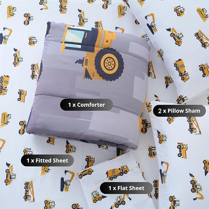 Cokouchyi Full Size Comforter Set for Boys, 5-Piece Bed in a Bag, 3D Construction Bedding Comforter Sheet Set, Ultra Soft and Fluffy, Cartoon Truck Cars